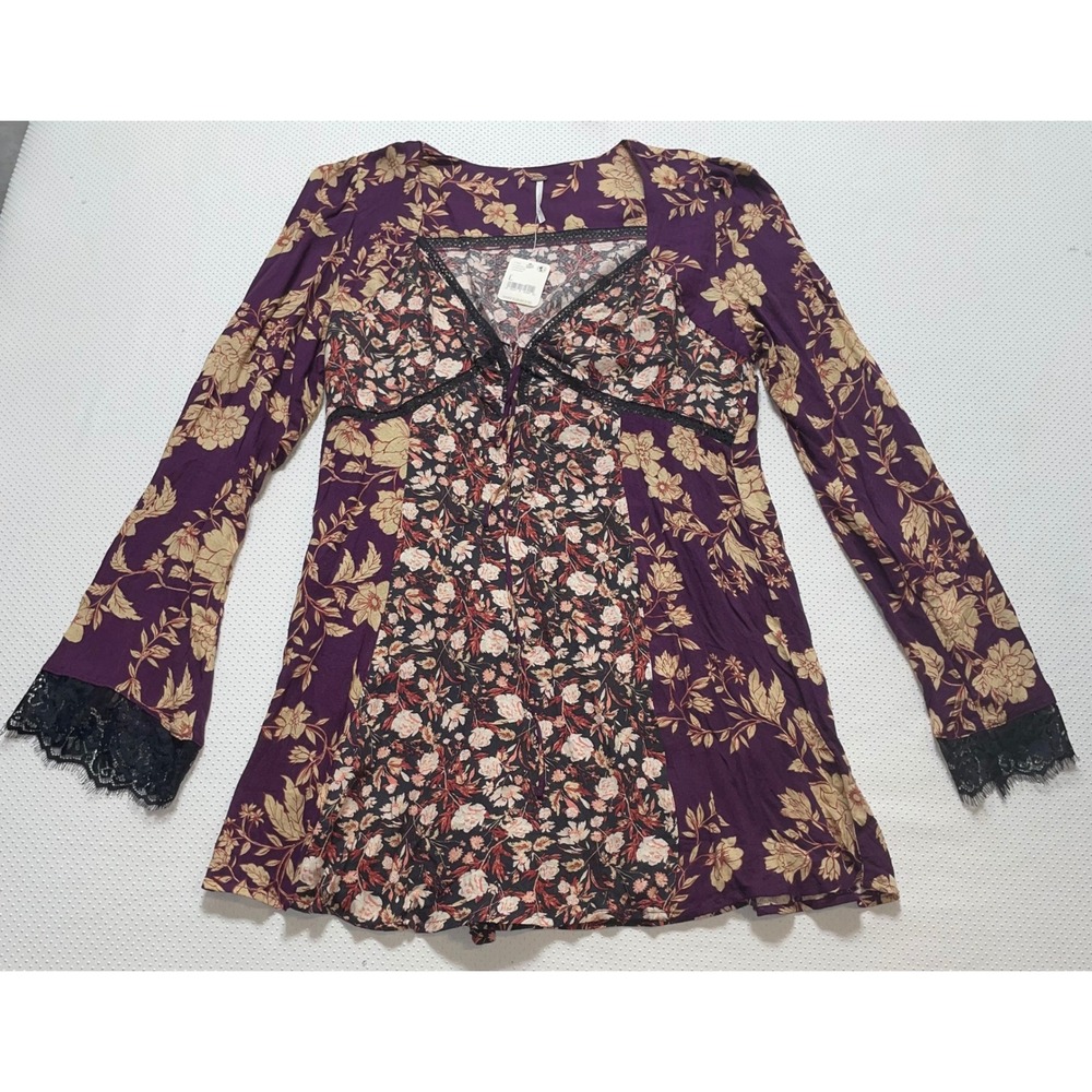 Free People SZ L Romantic Top Floral Print Long Sleeve Lace Trim Boho Hippie NWT